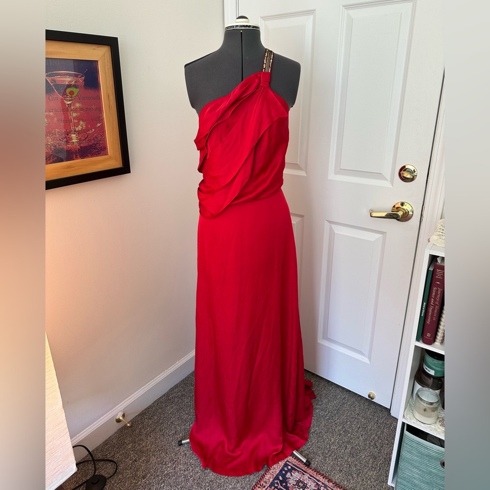 BCBG Maxazria Asymmetrical Draped Red Formal One Shoulder Open Back Dress Size 4